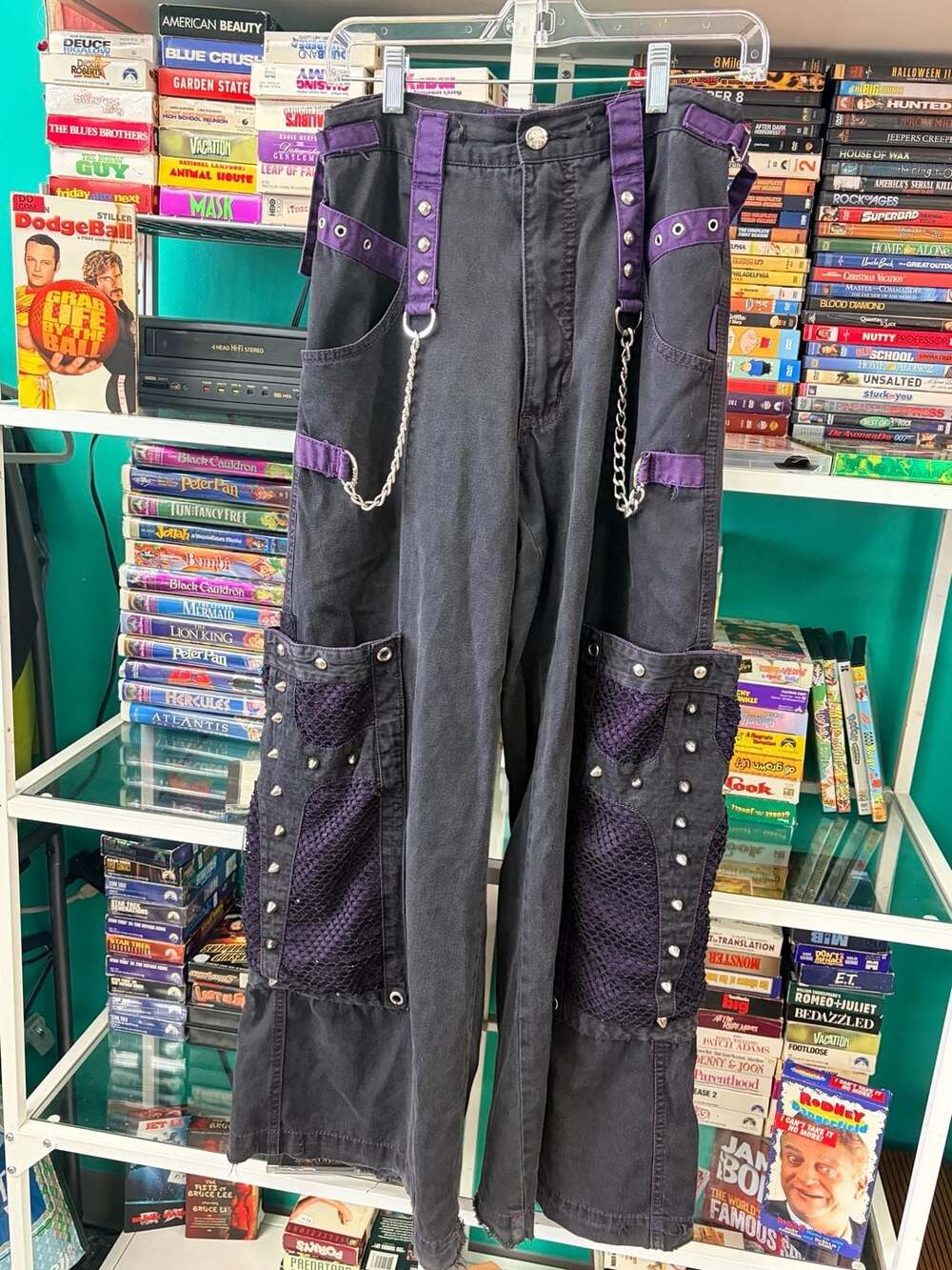 Tripp NYC Black and Purple Mesh Bondage Cargo Pants with Chains and Studs Sz 2